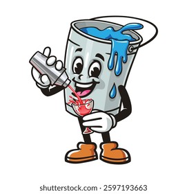 Cartoon mascot character Paint bucket is mixing a cocktail