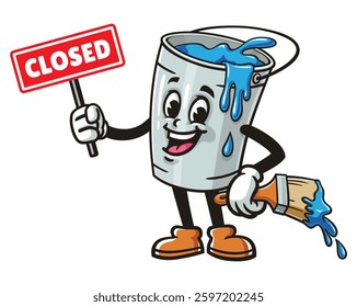 Cartoon mascot character Paint bucket holding a closed sign