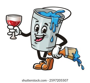 Cartoon mascot character Paint bucket holding a glass of drink