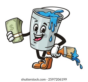 Cartoon mascot character Paint bucket holding cash