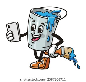 Cartoon mascot character Paint bucket holding gadget