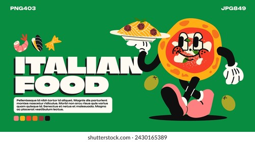 Cartoon mascot character pizza in retro 90s style. Italian food poster, Bolognese pasta, margherita pizza walking with gloved hands. Italian cuisine vector groovy banner