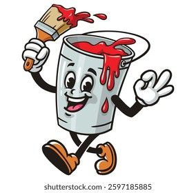 Cartoon mascot character Red paint bucket is walking and hands are posing okay