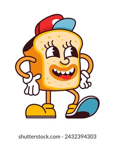 Caricatura mascota personaje en forma de pan con divertida expresión de hocico. Producto de harina aislado con dibujo de sombrero para redes sociales. Emoji o emoticono, pegatina o personaje. Vector en estilo plano