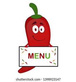 Cartoon mascot character smiling Red chili take hold on menu sign. Illustration vector. Logo vector. - Vector