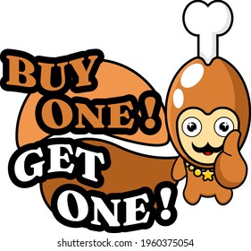 cartoon mascot character vector illustration of chicken thigh buy one get one, very suitable for promotion or advertisement