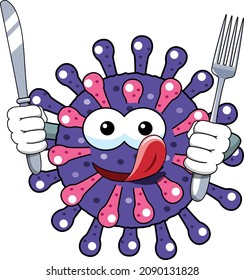 Cartoon mascot character virus or bacterium fork and knife yummy ready to eat isolated vector illustration