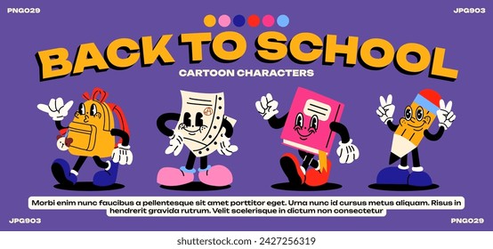 Personajes de mascotas de dibujos animados de vuelta a la escuela en estilo retro groovy de los años 90. Caminar con una mochila, un cuaderno, un lápiz con las manos enguantadas. Cartel vectorial de educación, formación.