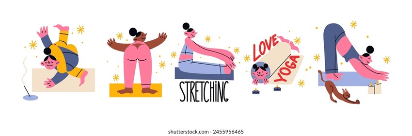 Cartoon mascot characters doing yoga. Sports girls, retro hippie stickers in doodle style. Healthy lifestyle, sport, meditation and practice, yoga sports stickers