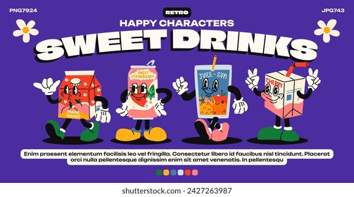 Cartoon mascot characters drinks in 90s retro groovy style. Carbonated liquid, fruit cocktail, juice. Walking doodle characters with signed hands. Vector acid poster