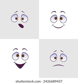 cartoon mascot characters funny faces. old animation eyes and mouths elements. Vintage comic smile for logo vector set. caricatures with happy and cheerful emotions