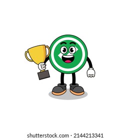 Cartoon mascot of check mark holding a trophy , character design