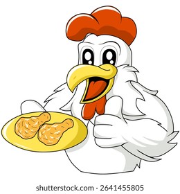 cartoon mascot chicken with expression holding a plate of fried chicken