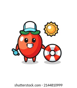 Cartoon mascot of chili pepper as a beach guard , cute design