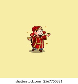 Cartoon mascot of Chinese God of wealth holding a big gold bar or sycee happily in new year