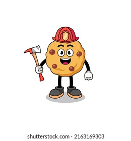 Cartoon mascot of chocolate chip cookie firefighter , character design