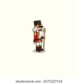 cartoon mascot of a Christmas Nutcracker doll who is ready to do his job