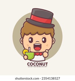 cartoon mascot with  coconut. vector illustrations with outline style, suitable for, logo brand, stickers, icons, etc.