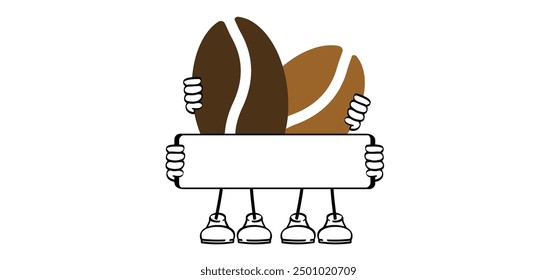 Cartoon mascot coffee bean. Roasted coffee beans pictogram. Bean background pattern. For coffee mug or cup. Flat vector icon or sign. Drink hot coffee. Banner for work, school or home time.