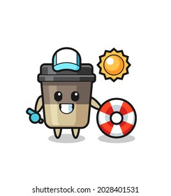 Cartoon mascot of coffee cup as a beach guard , cute style design for t shirt, sticker, logo element