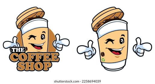 Cartoon mascot for coffee shop with funny cup of coffee or tea.