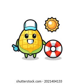 Cartoon mascot of corn as a beach guard , cute style design for t shirt, sticker, logo element