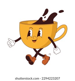 Cartoon mascot cup of coffee vector illustration. Groovy retro espresso character. Nostalgia 70s, 60s