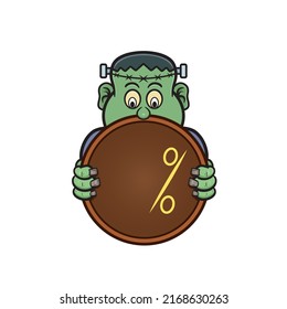 Cartoon Mascot Of Cute Frankenstein With Blank Signboard Percent. Vector and Illustration.