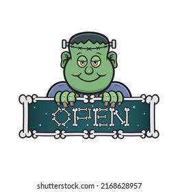 Cartoon Mascot Of Cute Frankenstein Man With Signboard Open.Vector And Illustration.