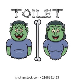 Cartoon Mascot Of Cute Frankenstein Man and Girl With Toilet Signboard. Vector and Illustration.