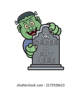 Cartoon Mascot Of Cute Frankenstein With Order And Pay Here Signboard. Vector and Illustration.