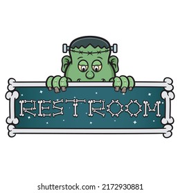 Cartoon Mascot Of Cute Frankenstein With Restroom Signboard. Vector And Illustration