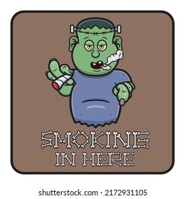 Cartoon Mascot Of Cute Frankenstein With Smoking Here Signboard. Vector and Illustration.