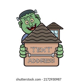 Cartoon Mascot Of Cute Frankenstein With Street house number name plate Signboard. Vector and Illustration.