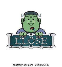 Cartoon Mascot Of Cute Sleep Frankenstein Man With Signboard Close.Vector And Illustration.