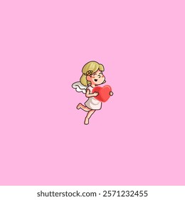 cartoon mascot of a cute winged angel or cupid woman holding a heart ready to receive an arrow of love from her partner to celebrate Valentine's Day
