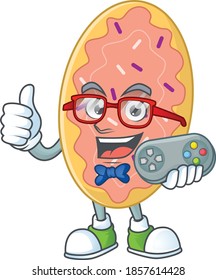 Cartoon mascot design of bread play a game with controller. Vector illustration