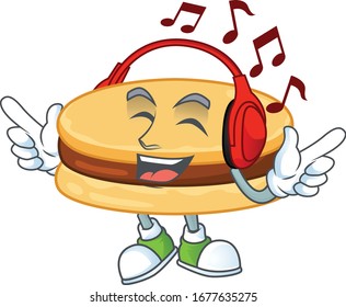 cartoon mascot design of brown alfajor enjoying music