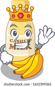 A cartoon mascot design of cashew milk performed as a King on the stage