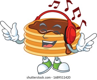 Cartoon mascot design chocolate cream pancake enjoying music with headset