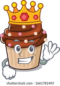 A cartoon mascot design of chocolate cupcake performed as a King on the stage