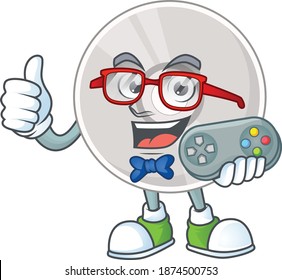Cartoon mascot design of compact disk play a game with controller. Vector illustration