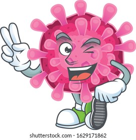 cartoon mascot design of corona virus with two fingers