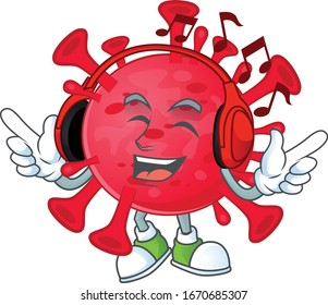 cartoon mascot design of coronavirus amoeba enjoying music