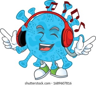 Cartoon mascot design coronavirus backteria enjoying music with headset