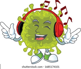 cartoon mascot design of coronavirus spread enjoying music