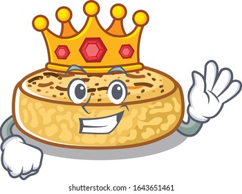 A cartoon mascot design of crumpets performed as a King on the stage