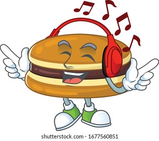cartoon mascot design of dorayaki enjoying music