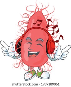 Cartoon mascot design escherichia enjoying music with headset. Vector illustration