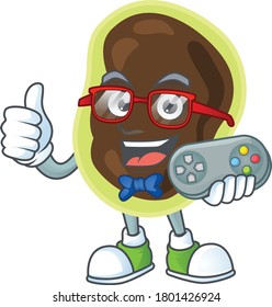 Cartoon mascot design of firmicutes play a game with controller. Vector illustration